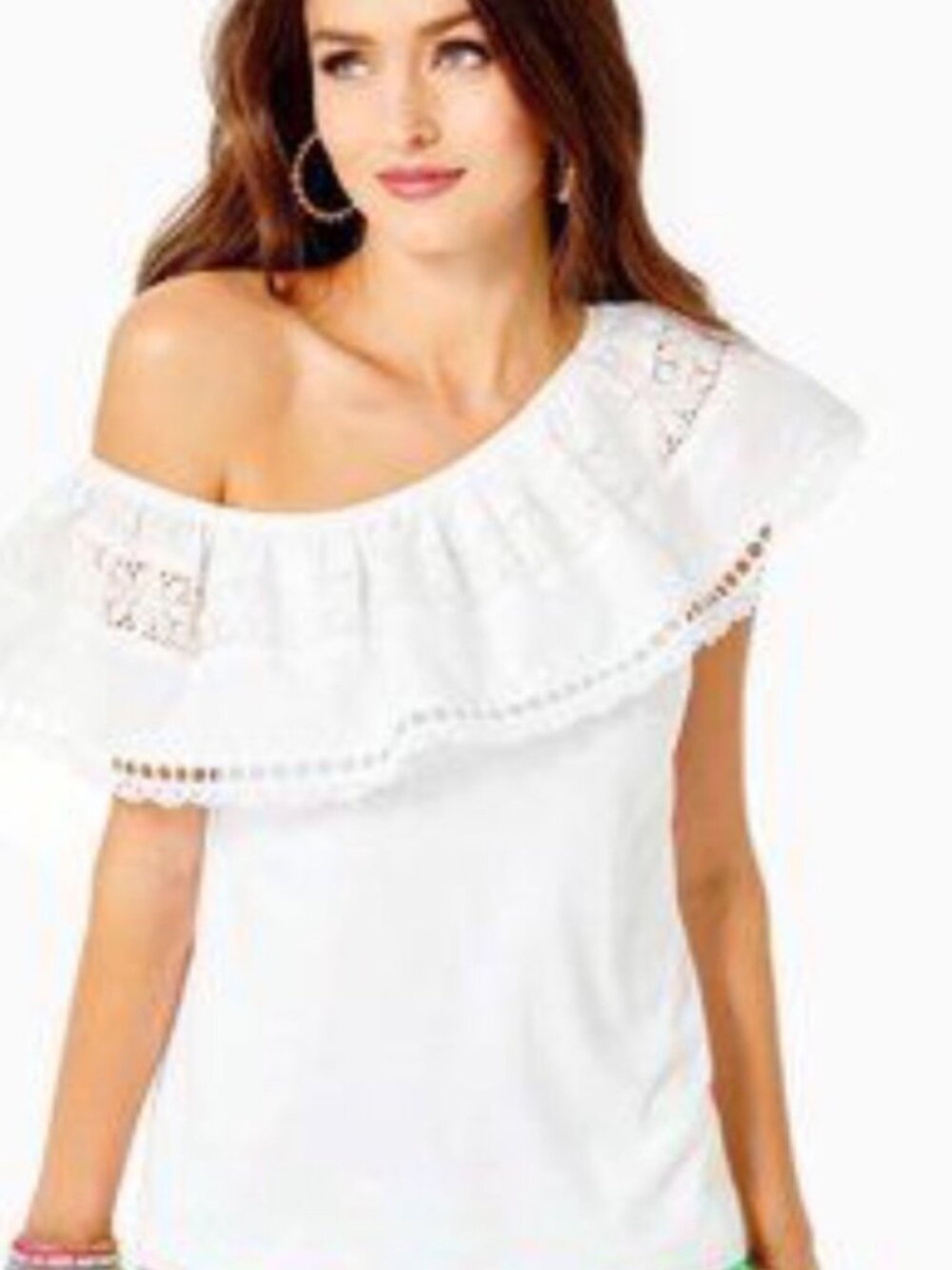 Lilly Pulitzer Tracee Sz XL One-Shoulder Blouse Top Eyelet Embroidered Cotton